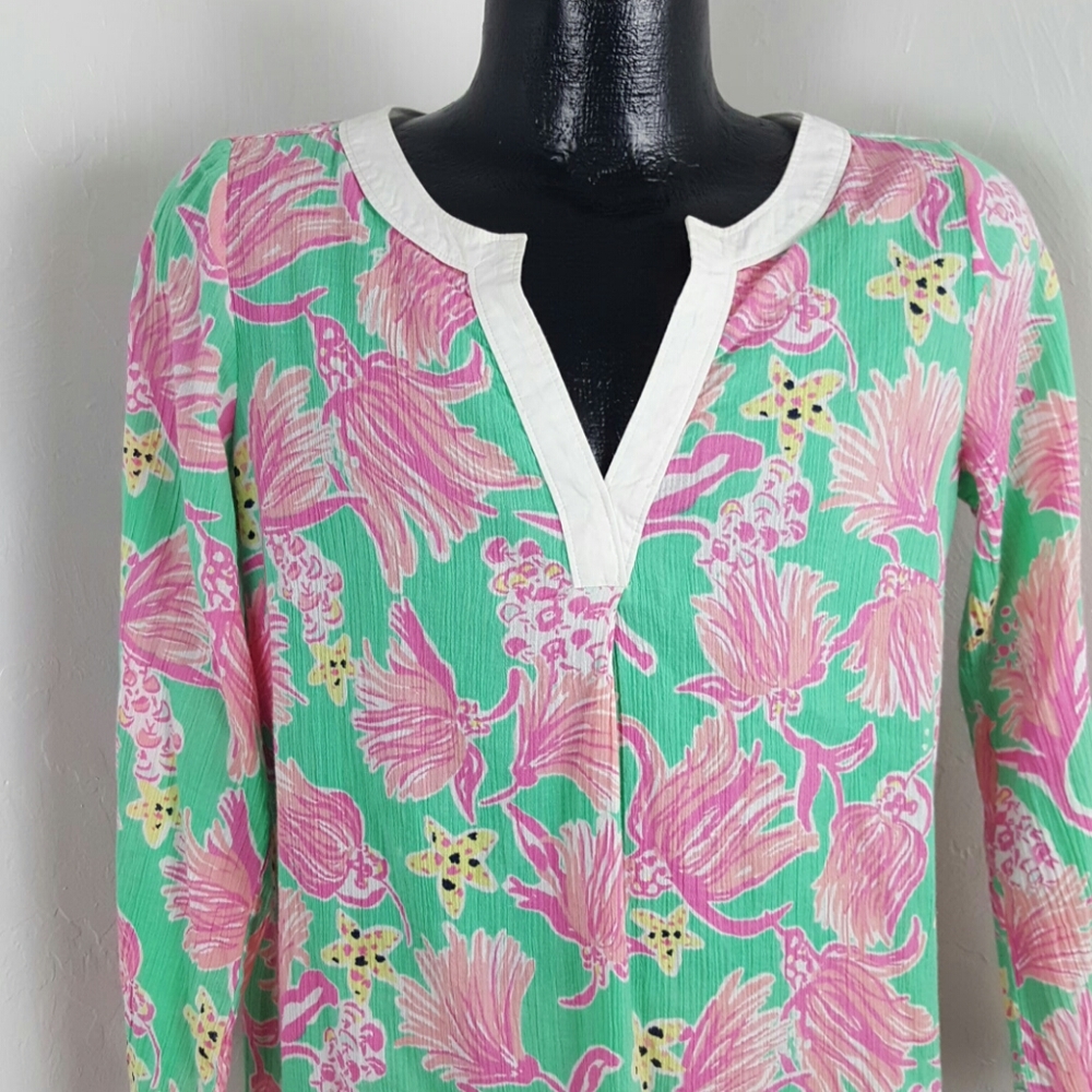 Lilly Pulitzer Floral Tunic Top Long Sleeve V Neck Beach Cotton Women M